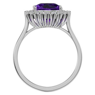 2 1/2 Carat Cushion Cut Amethyst and Halo Diamond Ring In 14K White Gold