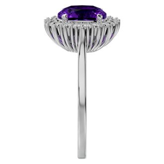 2 1/2 Carat Cushion Cut Amethyst and Halo Diamond Ring In 14K White Gold