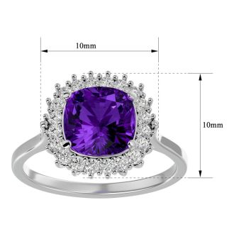 2 1/2 Carat Cushion Cut Amethyst and Halo Diamond Ring In 14K White Gold