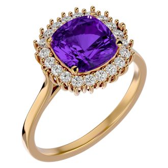 2 1/2 Carat Cushion Cut Amethyst and Halo Diamond Ring In 14K Yellow Gold
