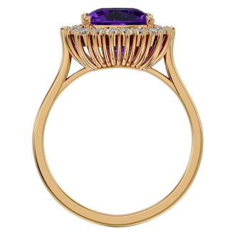 2 1/2 Carat Cushion Cut Amethyst and Halo Diamond Ring In 14K Yellow Gold
