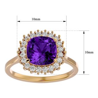 2 1/2 Carat Cushion Cut Amethyst and Halo Diamond Ring In 14K Yellow Gold
