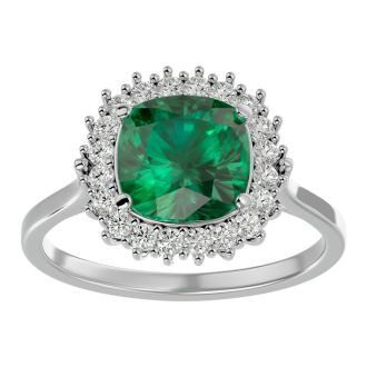 2 1/2 Carat Cushion Cut Emerald and Halo Diamond Ring In 14K White Gold