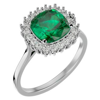 2 1/2 Carat Cushion Cut Emerald and Halo Diamond Ring In 14K White Gold