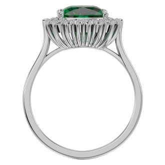 2 1/2 Carat Cushion Cut Emerald and Halo Diamond Ring In 14K White Gold
