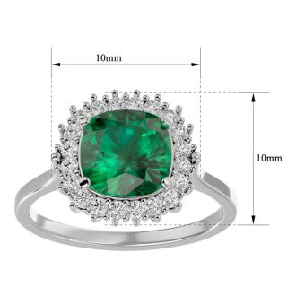 2 1/2 Carat Cushion Cut Emerald and Halo Diamond Ring In 14K White Gold