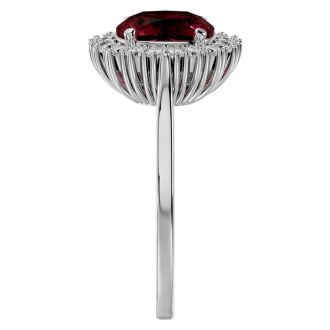 Garnet Ring: Garnet Jewelry: 3 1/2 Carat Cushion Cut Garnet and Halo Diamond Ring In 14K White Gold