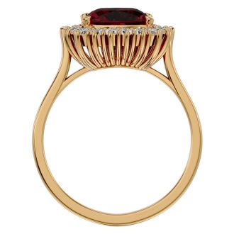Garnet Ring: Garnet Jewelry: 3 1/2 Carat Cushion Cut Garnet and Halo Diamond Ring In 14K Yellow Gold