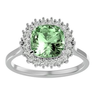 2 1/2 Carat Cushion Cut Green Amethyst and Halo Diamond Ring In 14K White Gold