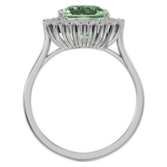 2 1/2 Carat Cushion Cut Green Amethyst and Halo Diamond Ring In 14K White Gold