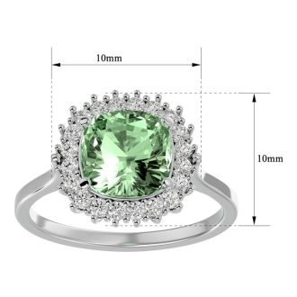 2 1/2 Carat Cushion Cut Green Amethyst and Halo Diamond Ring In 14K White Gold