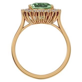 2 1/2 Carat Cushion Cut Green Amethyst and Halo Diamond Ring In 14K Yellow Gold