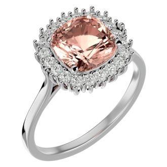 3-1/2 Carat Cushion Cut Morganite and Halo Diamond Ring In 14K White Gold