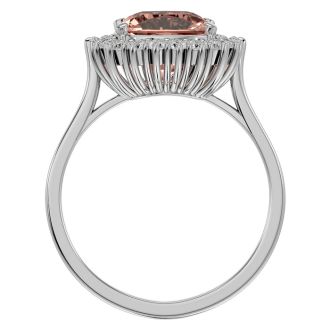 3-1/2 Carat Cushion Cut Morganite and Halo Diamond Ring In 14K White Gold