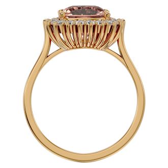 3-1/2 Carat Cushion Cut Morganite and Halo Diamond Ring In 14K Yellow Gold
