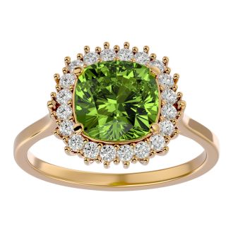 3 Carat Cushion Cut Peridot and Halo Diamond Ring In 14K Yellow Gold