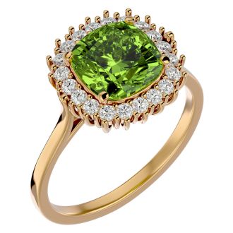 3 Carat Cushion Cut Peridot and Halo Diamond Ring In 14K Yellow Gold