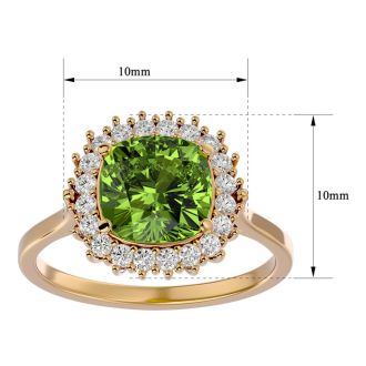 3 Carat Cushion Cut Peridot and Halo Diamond Ring In 14K Yellow Gold