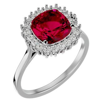 3 1/2 Carat Cushion Cut Ruby and Halo Diamond Ring In 14K White Gold