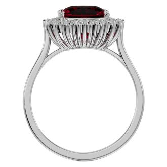 3 1/2 Carat Cushion Cut Ruby and Halo Diamond Ring In 14K White Gold