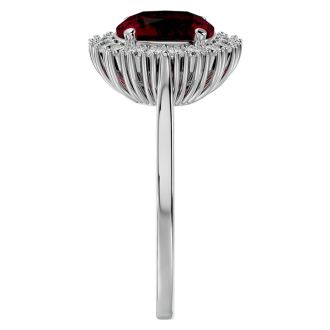 3 1/2 Carat Cushion Cut Ruby and Halo Diamond Ring In 14K White Gold