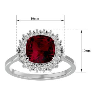 3 1/2 Carat Cushion Cut Ruby and Halo Diamond Ring In 14K White Gold