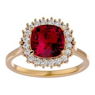 3 1/2 Carat Cushion Cut Ruby and Halo Diamond Ring In 14K Yellow Gold