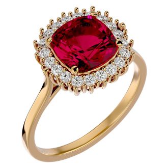 3 1/2 Carat Cushion Cut Ruby and Halo Diamond Ring In 14K Yellow Gold