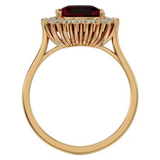 3 1/2 Carat Cushion Cut Ruby and Halo Diamond Ring In 14K Yellow Gold