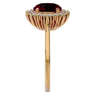 3 1/2 Carat Cushion Cut Ruby and Halo Diamond Ring In 14K Yellow Gold