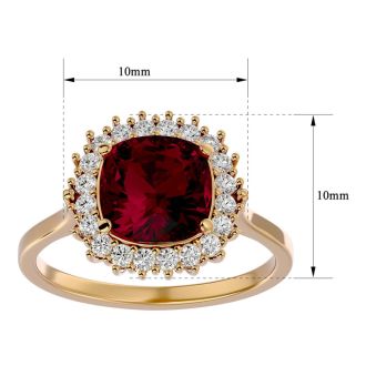 3 1/2 Carat Cushion Cut Ruby and Halo Diamond Ring In 14K Yellow Gold