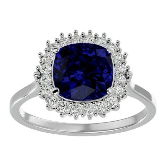 3 1/2 Carat Cushion Cut Sapphire and Halo Diamond Ring In 14K White Gold