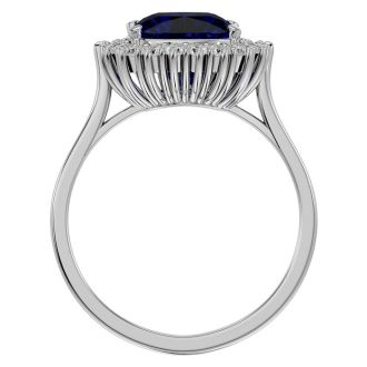 3 1/2 Carat Cushion Cut Sapphire and Halo Diamond Ring In 14K White Gold