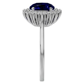 3 1/2 Carat Cushion Cut Sapphire and Halo Diamond Ring In 14K White Gold