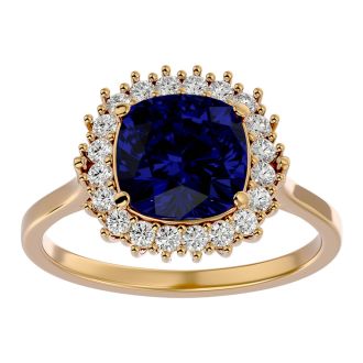 3 1/2 Carat Cushion Cut Sapphire and Halo Diamond Ring In 14K Yellow Gold