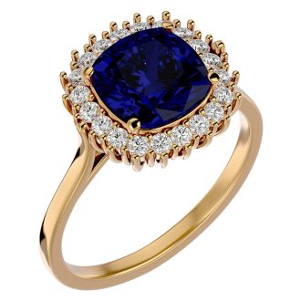 3 1/2 Carat Cushion Cut Sapphire and Halo Diamond Ring In 14K Yellow Gold