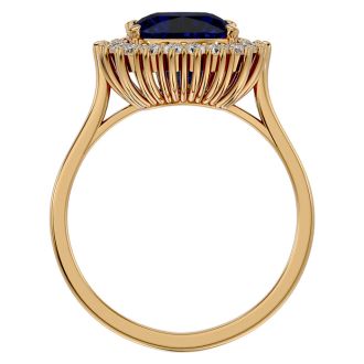 3 1/2 Carat Cushion Cut Sapphire and Halo Diamond Ring In 14K Yellow Gold