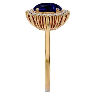 3 1/2 Carat Cushion Cut Sapphire and Halo Diamond Ring In 14K Yellow Gold