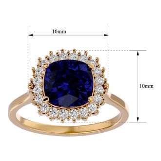 3 1/2 Carat Cushion Cut Sapphire and Halo Diamond Ring In 14K Yellow Gold