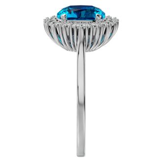 3 Carat Cushion Cut Blue Topaz and Halo Diamond Ring In 14K White Gold