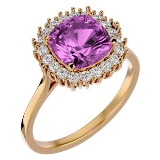 3 Carat Cushion Cut Pink Topaz and Halo Diamond Ring In 14K Yellow Gold