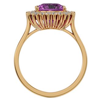 3 Carat Cushion Cut Pink Topaz and Halo Diamond Ring In 14K Yellow Gold