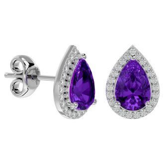 2 1/3 Carat Amethyst and Diamond Pear Shape Stud Earrings In 14 Karat White Gold 