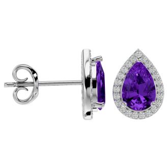 2 1/3 Carat Amethyst and Diamond Pear Shape Stud Earrings In 14 Karat White Gold 