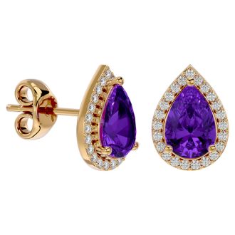 2 1/3 Carat Amethyst and Diamond Pear Shape Stud Earrings In 14 Karat Yellow Gold 