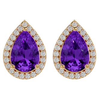 2 1/3 Carat Amethyst and Diamond Pear Shape Stud Earrings In 14 Karat Yellow Gold 