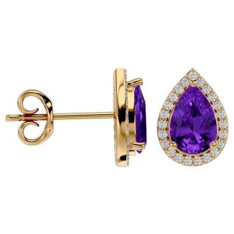 2 1/3 Carat Amethyst and Diamond Pear Shape Stud Earrings In 14 Karat Yellow Gold 