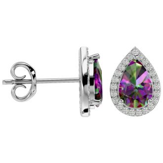 2 1/3 Carat Mystic Topaz and Diamond Pear Shape Stud Earrings In 14 Karat White Gold 