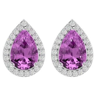 3 1/4 Carat Pink Topaz and Diamond Pear Shape Stud Earrings In 14 Karat White Gold 