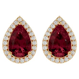 Garnet Earrings: Garnet Jewelry: 2 1/3 Carat Garnet and Diamond Pear Shape Stud Earrings In 14 Karat Yellow Gold 